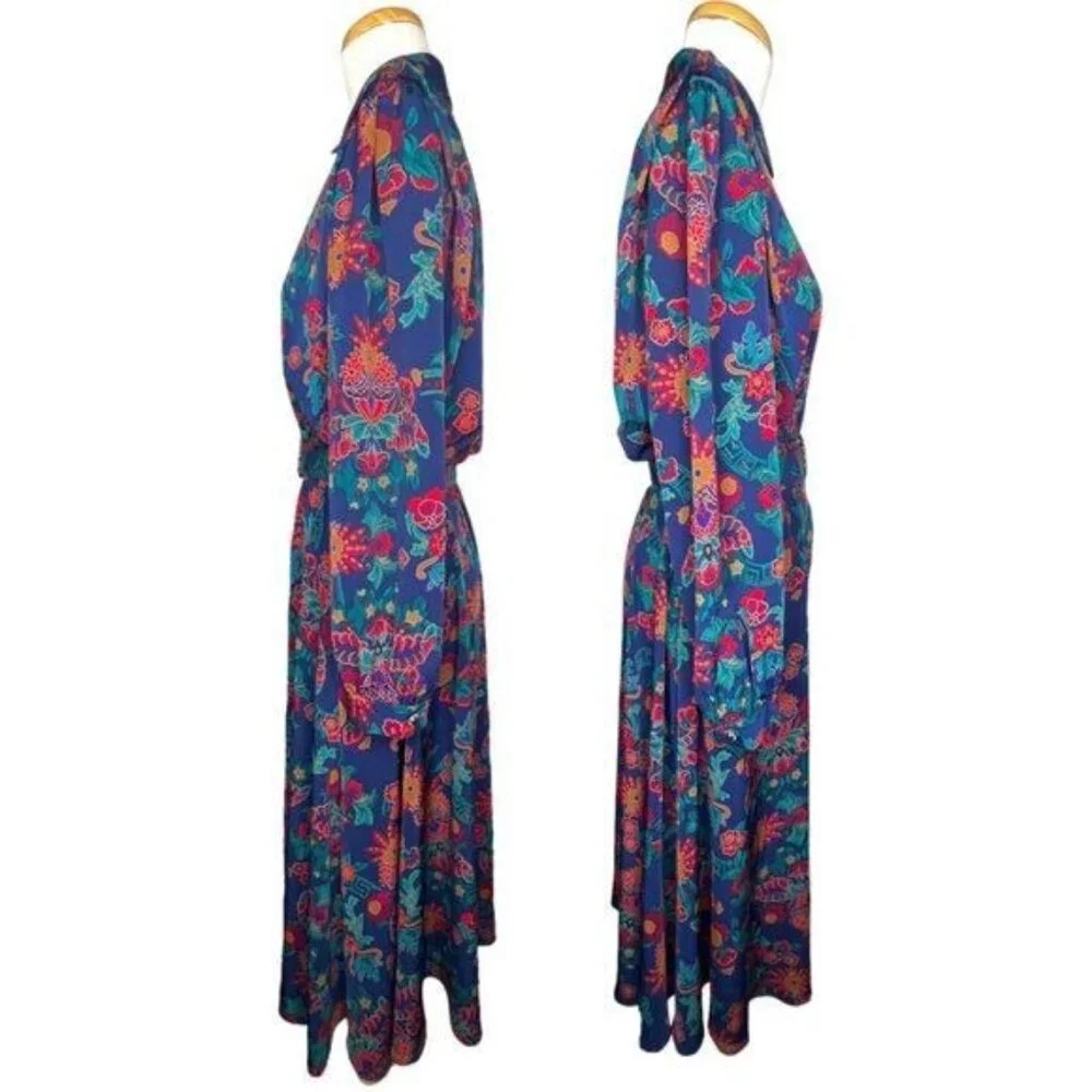 Schrader Long Sleeve 80s Floral Shirt Belted Dress With Jewel Button Cuffs Sz 8 - Picture 5 of 16